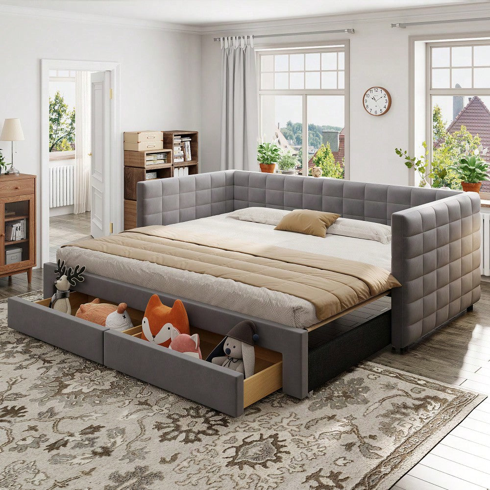 Polsterbett 3-in-1 Ausziehbares Schlafsofa 90 x 190 cm, Multifunktionsbett, mit Schubladen, umbaubar in Einzel-/Doppelbett mit Lattenrost, Baumwolle und Leinen, Grau (Matratze nicht enthalten)