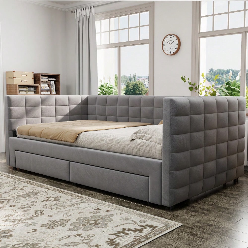 Polsterbett 3-in-1 Ausziehbares Schlafsofa 90 x 190 cm, Multifunktionsbett, mit Schubladen, umbaubar in Einzel-/Doppelbett mit Lattenrost, Baumwolle und Leinen, Grau (Matratze nicht enthalten)