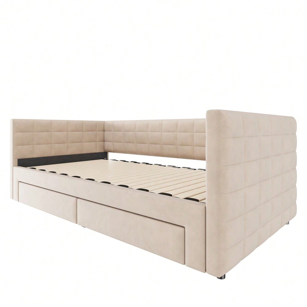 Polsterbett 3-in-1 Ausziehbares Schlafsofa 90 x 190 cm, Multifunktionsbett, mit Schubladen, umbaubar in Einzel-/Doppelbett mit Lattenrost, Baumwolle und Leinen, beige (Matratze nicht enthalten)