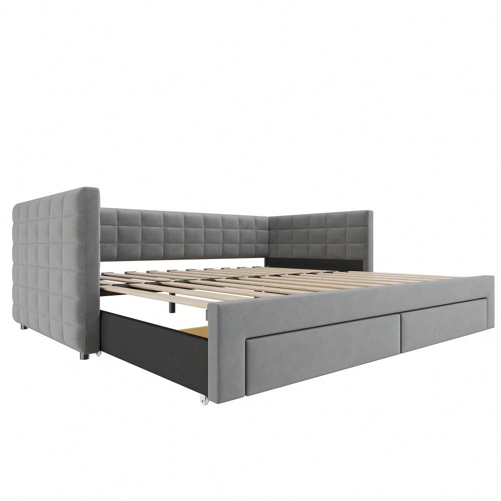 Polsterbett 3-in-1 Ausziehbares Schlafsofa 90 x 190 cm, Multifunktionsbett, mit Schubladen, umbaubar in Einzel-/Doppelbett mit Lattenrost, Baumwolle und Leinen, Grau (Matratze nicht enthalten)