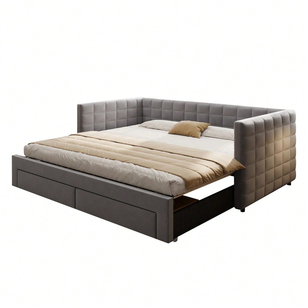 Polsterbett 3-in-1 Ausziehbares Schlafsofa 90 x 190 cm, Multifunktionsbett, mit Schubladen, umbaubar in Einzel-/Doppelbett mit Lattenrost, Baumwolle und Leinen, Grau (Matratze nicht enthalten)