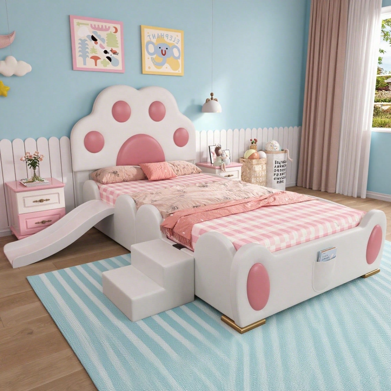 Polsterbett, Einzelbett, Kinderbett, Kopfteil in Form einer Cartoon - Katzenpfote, mit einer Kinderrutsche und einer zweistufigen Leiter, PU-Oberfläche,Weiß + Rosa, 90x200cm