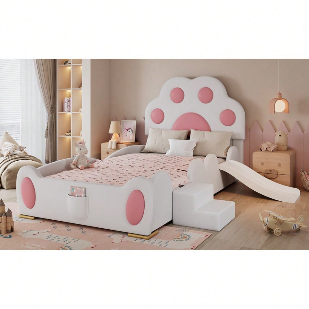Polsterbett, Einzelbett, Kinderbett, Kopfteil in Form einer Cartoon - Katzenpfote, mit einer Kinderrutsche und einer zweistufigen Leiter, PU-Oberfläche,Weiß + Rosa, 90x200cm