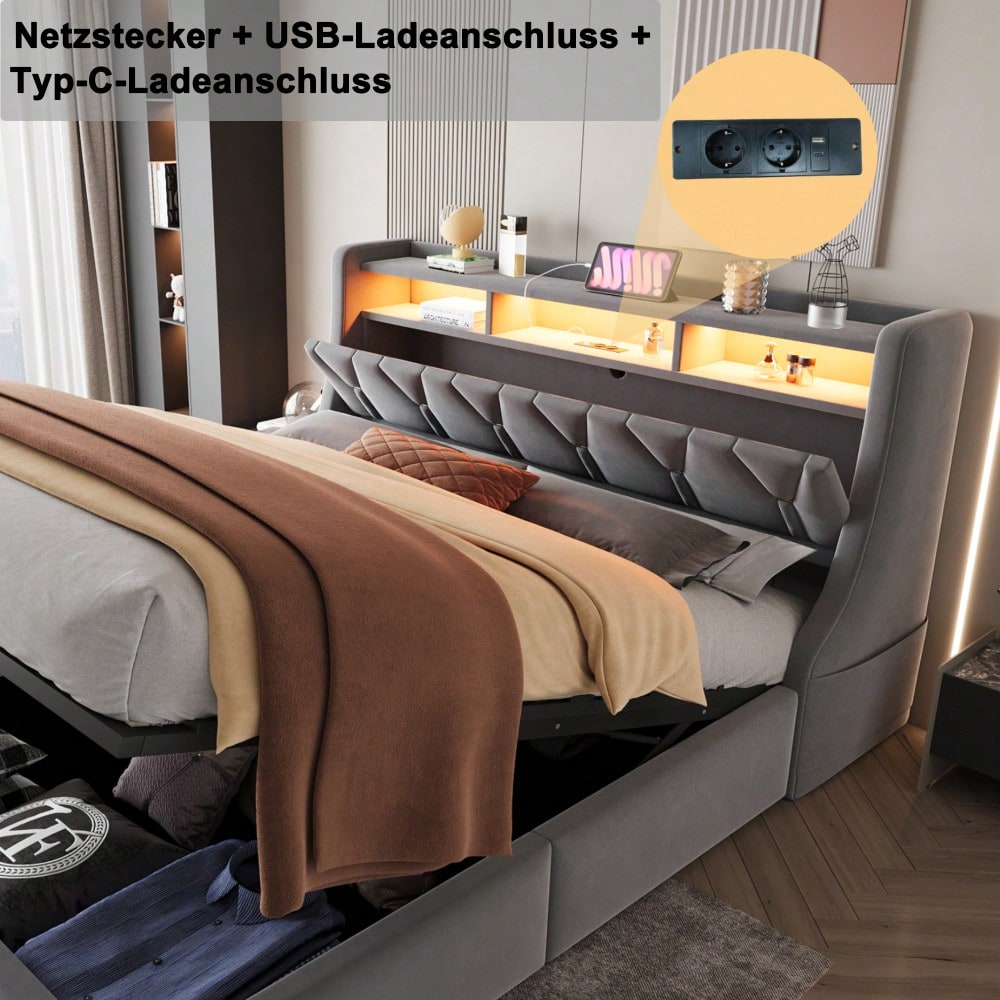 Polsterbett 180 x 200 cm, Hydraulisches Stauraumbett, umklappbares Polsterkopfteil mit Stauraum, Steckdose und Ablagefach, LED-Beleuchtung, Verbreiterte Bettbeine, Doppelbett, Samtstoff, Grau