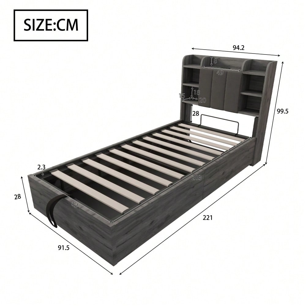 Holzbett 90 x 200 cm, hydraulisches Bett, Kopfteil mit Stauraum, ausgestattet mit USB- und Tape-C-Steckdose, Einzelbett, Jugendbett, Grau (ohne Matratze)