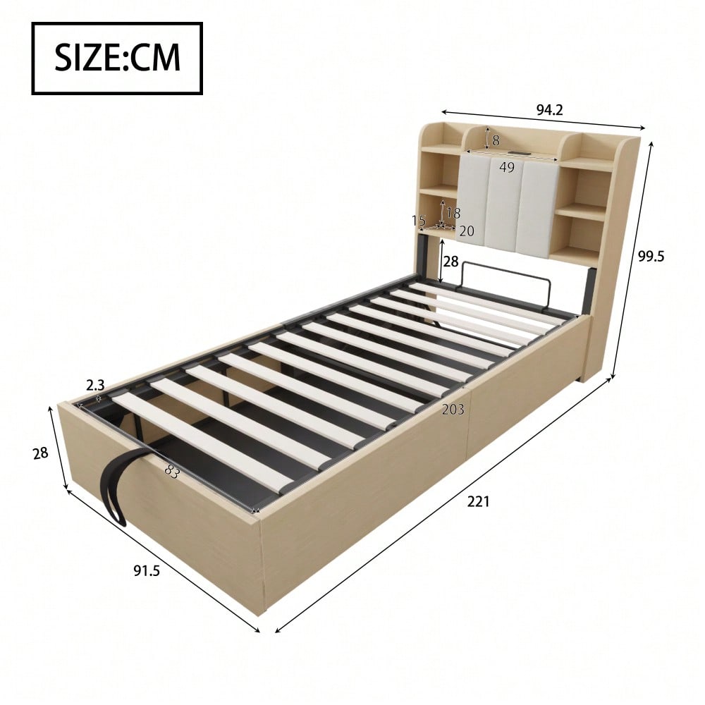 Holzbett 90 x 200 cm, hydraulisches Bett, Kopfteil mit Stauraum, ausgestattet mit USB- und Tape-C-Steckdose, Einzelbett, Jugendbett, Holzfarbe (ohne Matratze)