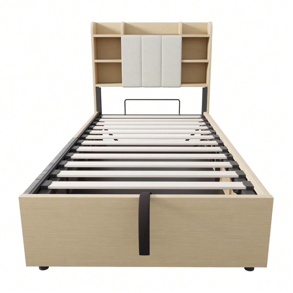 Holzbett 90 x 200 cm, hydraulisches Bett, Kopfteil mit Stauraum, ausgestattet mit USB- und Tape-C-Steckdose, Einzelbett, Jugendbett, Holzfarbe (ohne Matratze)