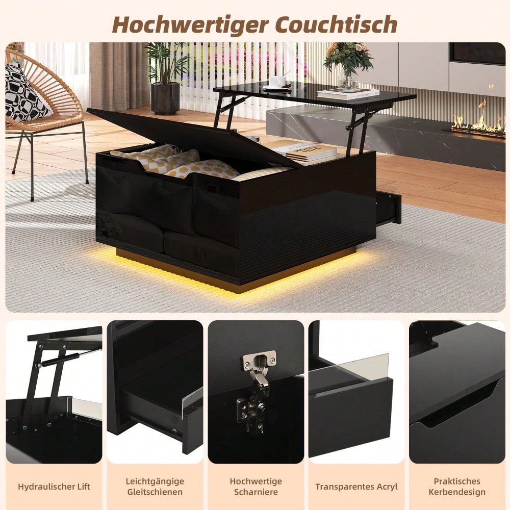 70*70*38cm Wohnzimmer-Couchtisch, Anhebbarer kaffeetisch mit LED-Lichtleiste,Sofatisch mit 1 Schublade,Hochglanz-Beistelltisch mit verstecktem Stauraum und hochklappbaren Türen,Schwarz