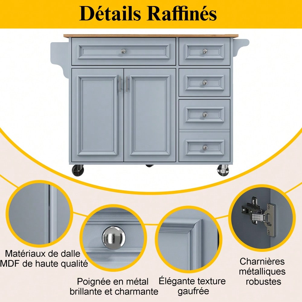 Kücheninsel(110×45-75×92cm),Modernes Küchensiland, Küchenschrank, Abnehmbare Servierwagen buffetschrank, Speisewagen mit Vintage-Muster, buffetschrank, Multifunktionale Esstisch mit Speicherraum,Blau