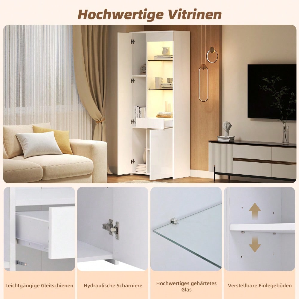 70*35*180cm Vitrine mit Schubladen, Vitrine Hochglanz, Glasvitrine mit LED-Beleuchtung,Hochschrank, Highboard Mit Schrank , Standvitrine,Trennwandlagerung, empfohlene Tragkraft 45kg