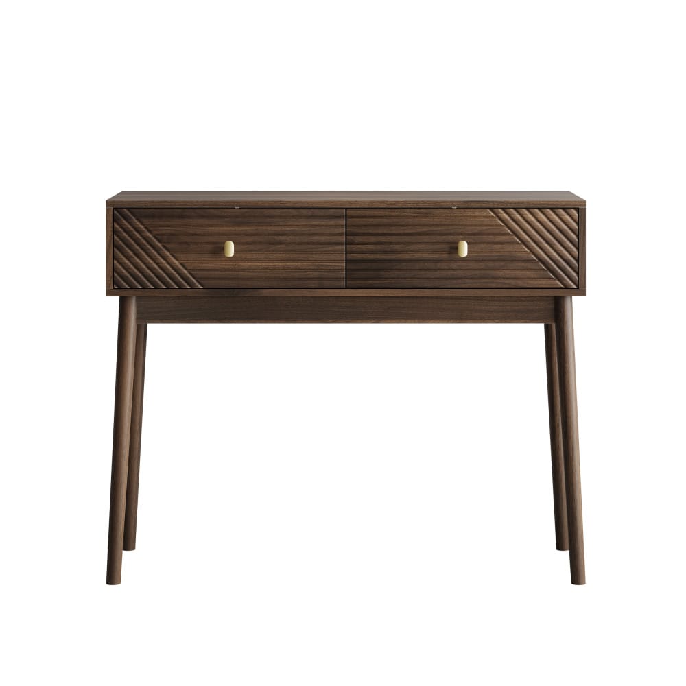 Schreibtisch, Mid-Century Modern Konsolentisch mit Schubladen, Retro-Empfangstisch mit offenen Ablageflächen, moderner Sofatisch für Wohnzimmer, Foyer und Flur, Walnuss