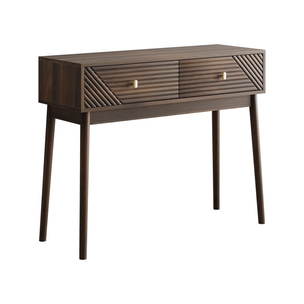 Schreibtisch, Mid-Century Modern Konsolentisch mit Schubladen, Retro-Empfangstisch mit offenen Ablageflächen, moderner Sofatisch für Wohnzimmer, Foyer und Flur, Walnuss