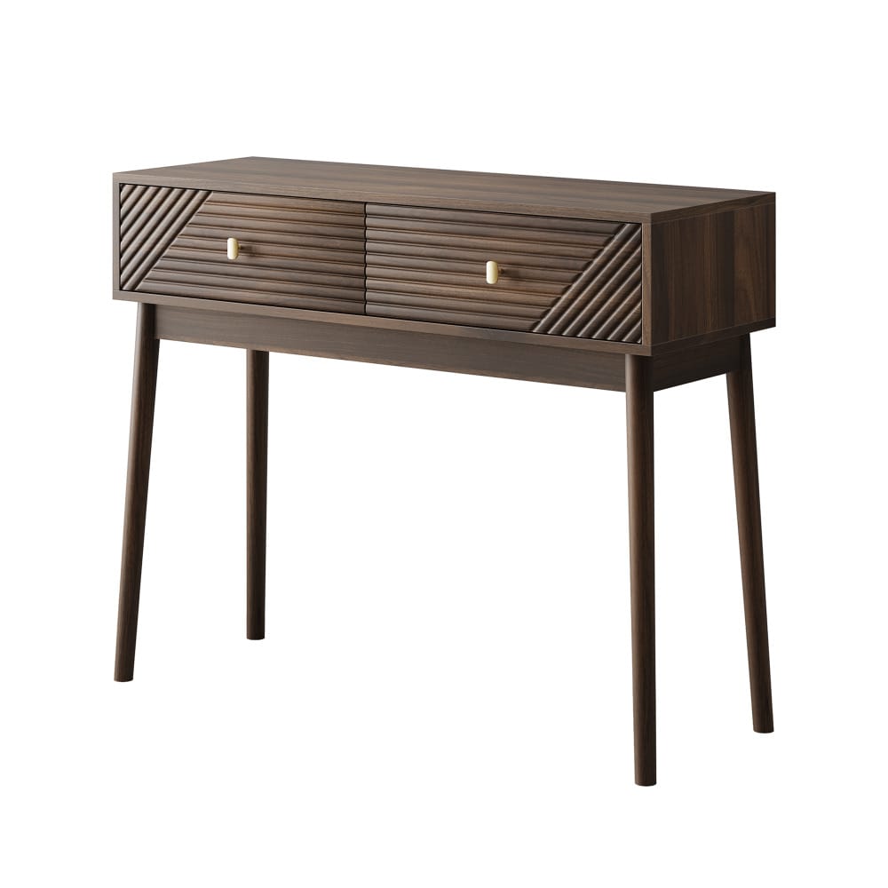 Schreibtisch, Mid-Century Modern Konsolentisch mit Schubladen, Retro-Empfangstisch mit offenen Ablageflächen, moderner Sofatisch für Wohnzimmer, Foyer und Flur, Walnuss