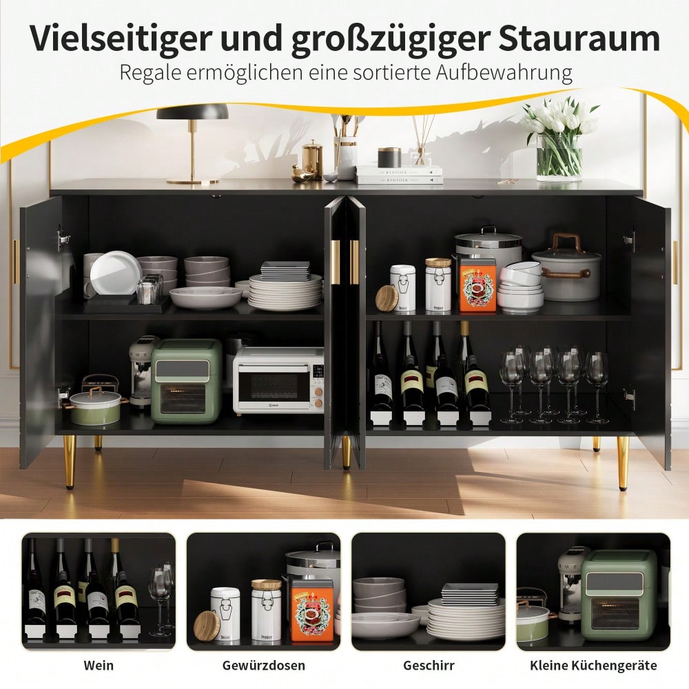 Schwarzes Sideboard (152 x 40 x 75 cm) mit einzigartigem Wellendesign und goldenen Griffen und Füßen, das einen eleganten Essbereich schafft(Previous sku:N620P17539192AAS)