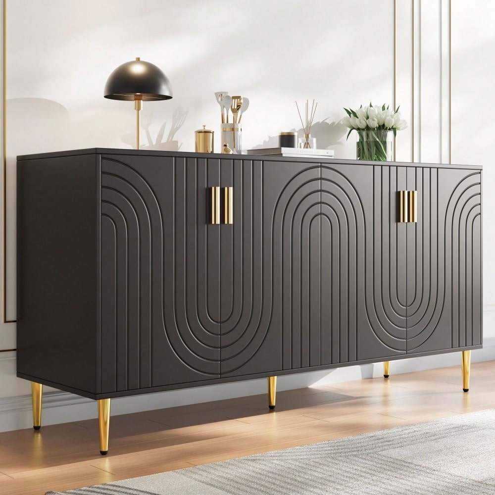 Schwarzes Sideboard (152 x 40 x 75 cm) mit einzigartigem Wellendesign und goldenen Griffen und Füßen, das einen eleganten Essbereich schafft(Previous sku:N620P17539192AAS)