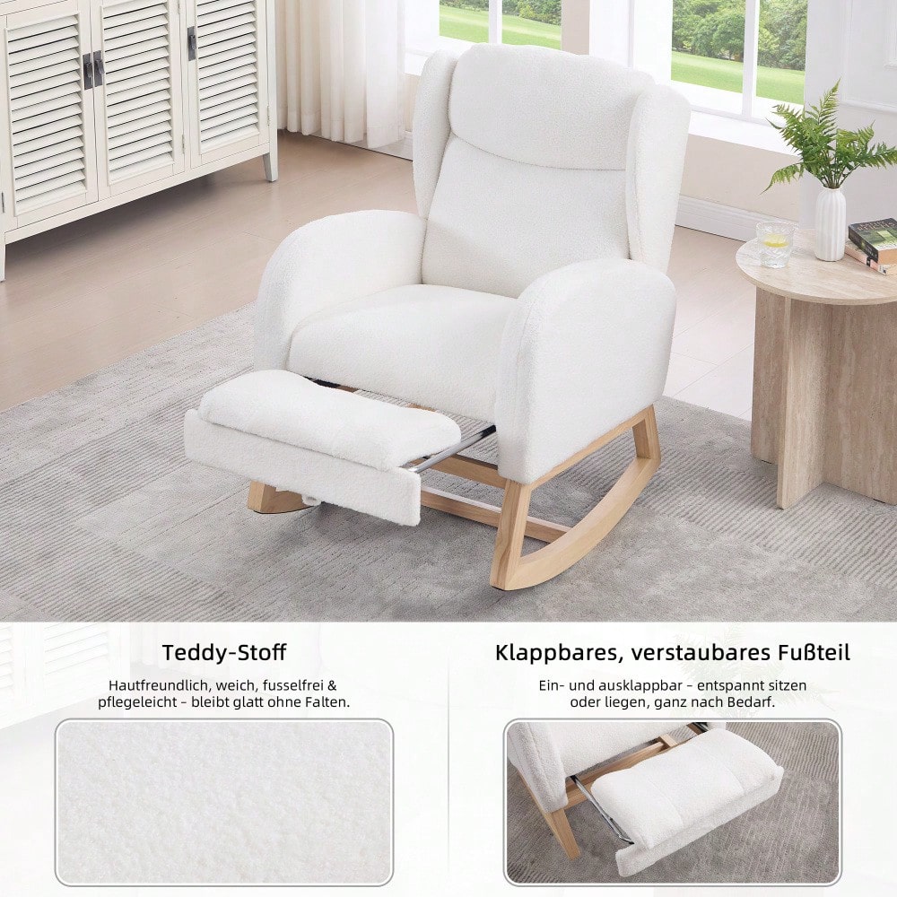 049B Schaukelstuhl, Stillstuhl, Lounge-Sessel mit Holzgestell, verstellbare Fußstütze, hohe Rückenlehne, Teddy-Stoff, mit Tasche, bequemer Akzentstuhl für Schlafzimmer und Wohnzimmer, Weiß