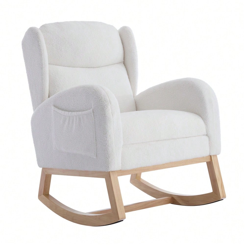 049B Schaukelstuhl, Stillstuhl, Lounge-Sessel mit Holzgestell, verstellbare Fußstütze, hohe Rückenlehne, Teddy-Stoff, mit Tasche, bequemer Akzentstuhl für Schlafzimmer und Wohnzimmer, Weiß