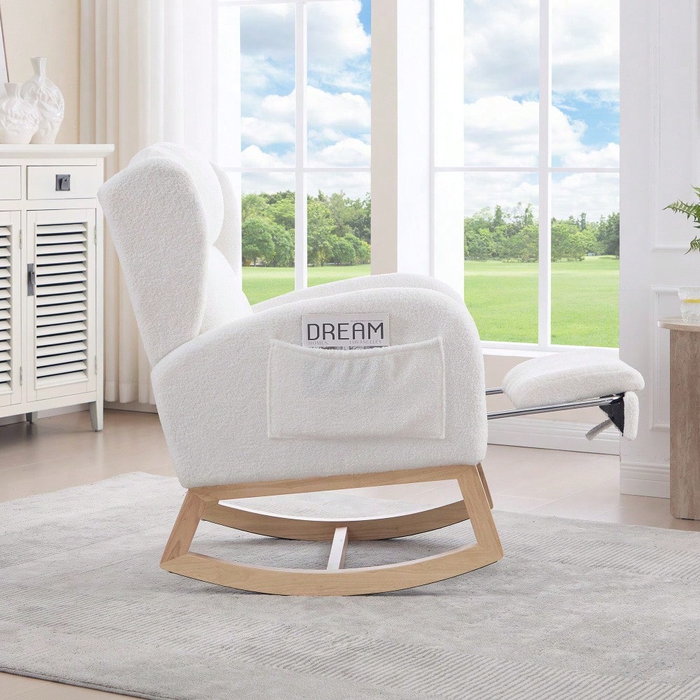 049B Schaukelstuhl, Stillstuhl, Lounge-Sessel mit Holzgestell, verstellbare Fußstütze, hohe Rückenlehne, Teddy-Stoff, mit Tasche, bequemer Akzentstuhl für Schlafzimmer und Wohnzimmer, Weiß