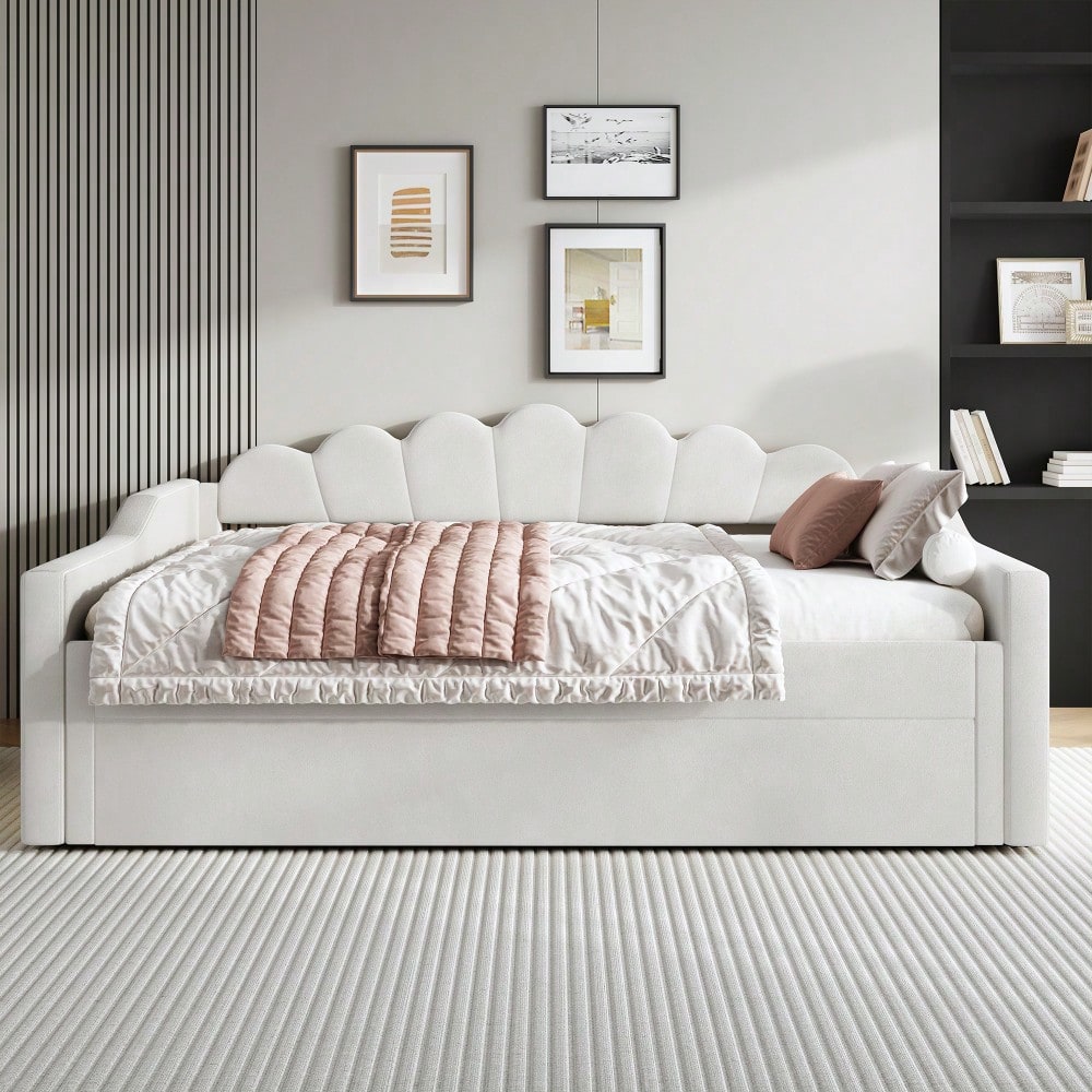 Gepolstertes 140 x 200 cm Tagesbett mit LED-Gürtel und Ausziehbett, Beige