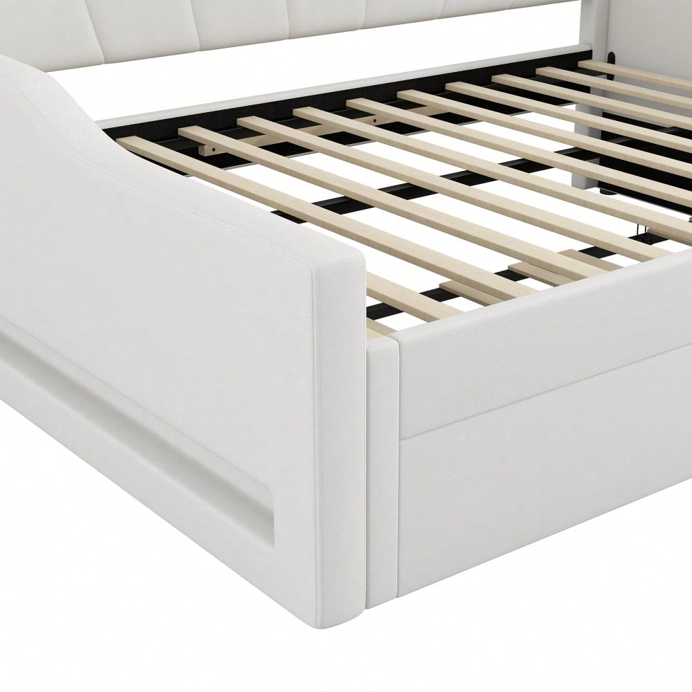 Gepolstertes 140 x 200 cm Tagesbett mit LED-Gürtel und Ausziehbett, Beige