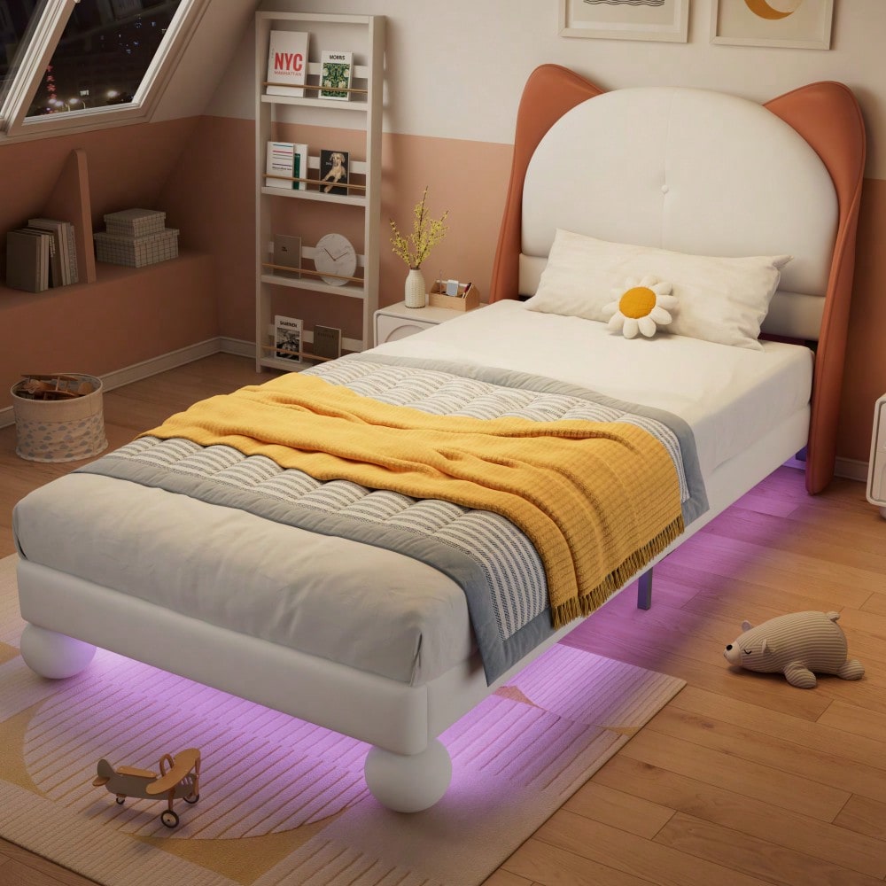 Polsterbett, Einzelbett, Kinderbett, Katzenohren-Kopfteil, Farblich anpassbare LED-Lichtleiste unter dem Bett, Stabile Lattenroste, PU, Beige + Gelbbraun, 90x200cm