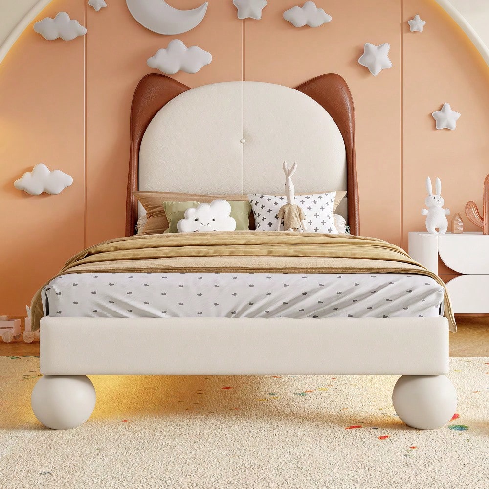 Polsterbett, Einzelbett, Kinderbett, Katzenohren-Kopfteil, Farblich anpassbare LED-Lichtleiste unter dem Bett, Stabile Lattenroste, PU, Beige + Gelbbraun, 90x200cm