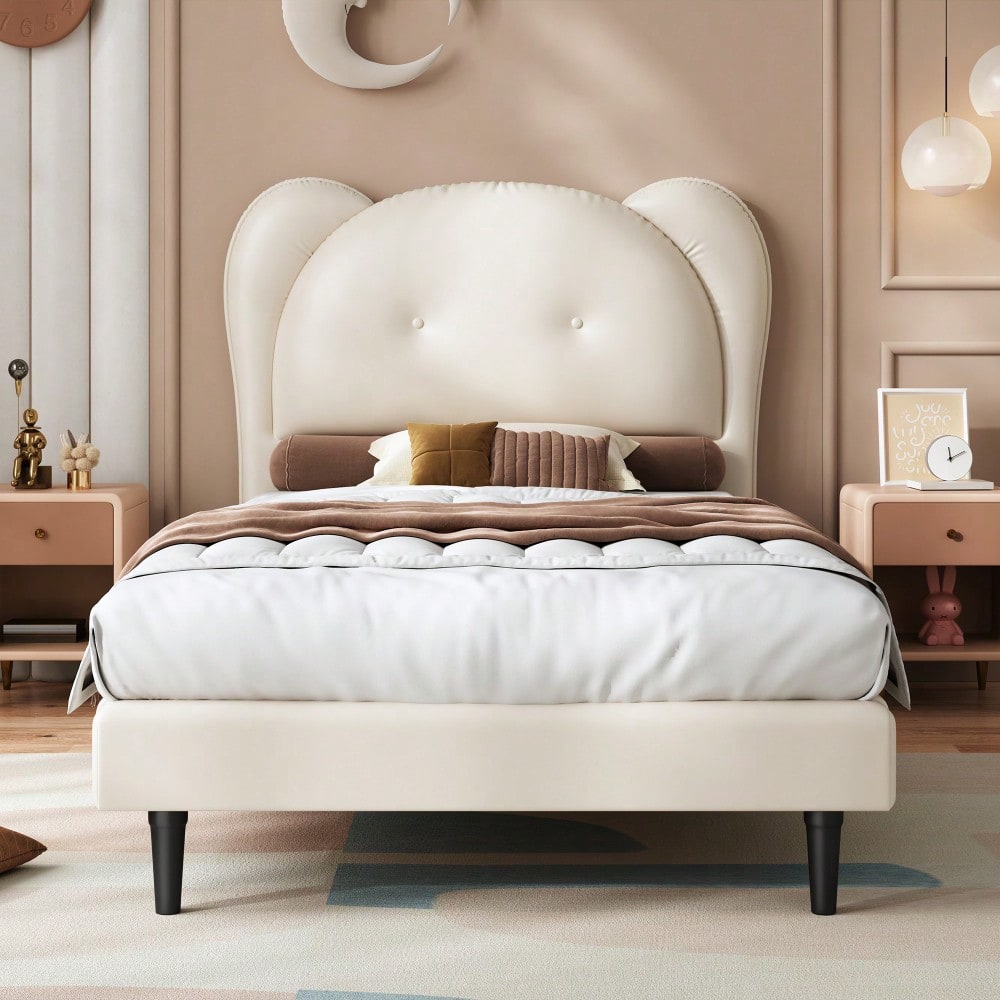 Polsterbett, Einzelbett, Kinderbett, Niedliches Kopfteil in Tierform, Stabile Lattenroste und Eisenrahmenverbindung, PU, Beige, 90x200cm