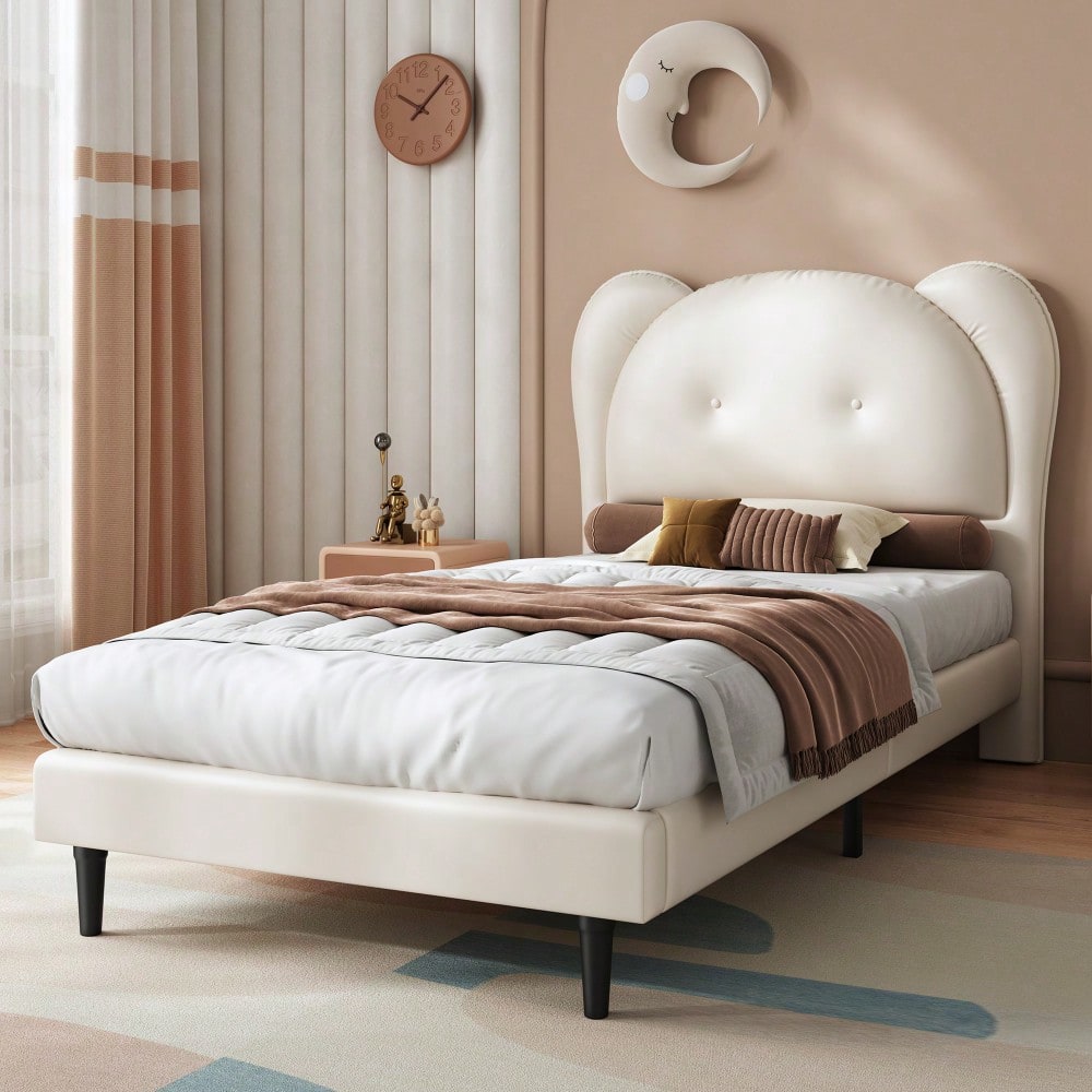 Polsterbett, Einzelbett, Kinderbett, Niedliches Kopfteil in Tierform, Stabile Lattenroste und Eisenrahmenverbindung, PU, Beige, 90x200cm