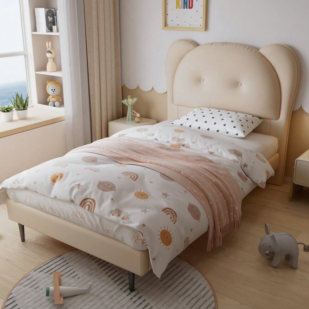 Polsterbett, Einzelbett, Kinderbett, Niedliches Kopfteil in Tierform, Stabile Lattenroste und Eisenrahmenverbindung, PU, Beige, 90x200cm