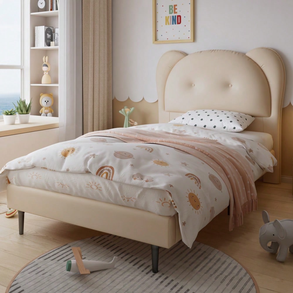 Polsterbett, Einzelbett, Kinderbett, Niedliches Kopfteil in Tierform, Stabile Lattenroste und Eisenrahmenverbindung, PU, Beige, 90x200cm