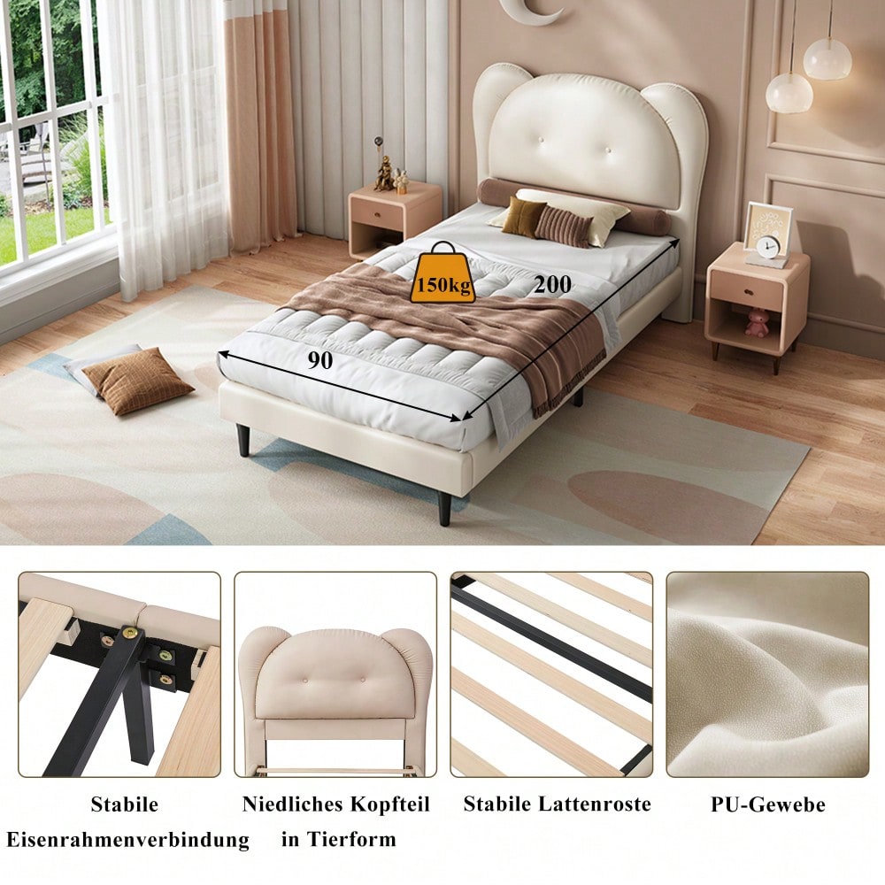 Polsterbett, Einzelbett, Kinderbett, Niedliches Kopfteil in Tierform, Stabile Lattenroste und Eisenrahmenverbindung, PU, Beige, 90x200cm