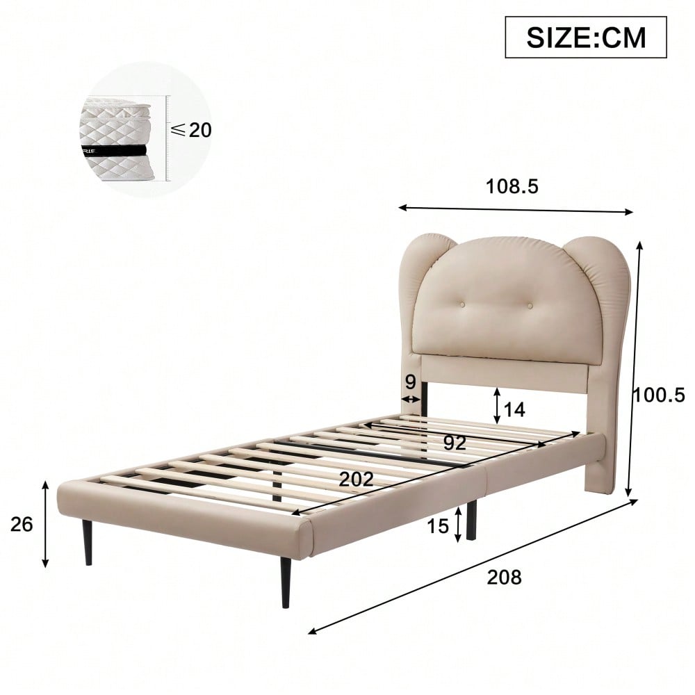 Polsterbett, Einzelbett, Kinderbett, Niedliches Kopfteil in Tierform, Stabile Lattenroste und Eisenrahmenverbindung, PU, Beige, 90x200cm