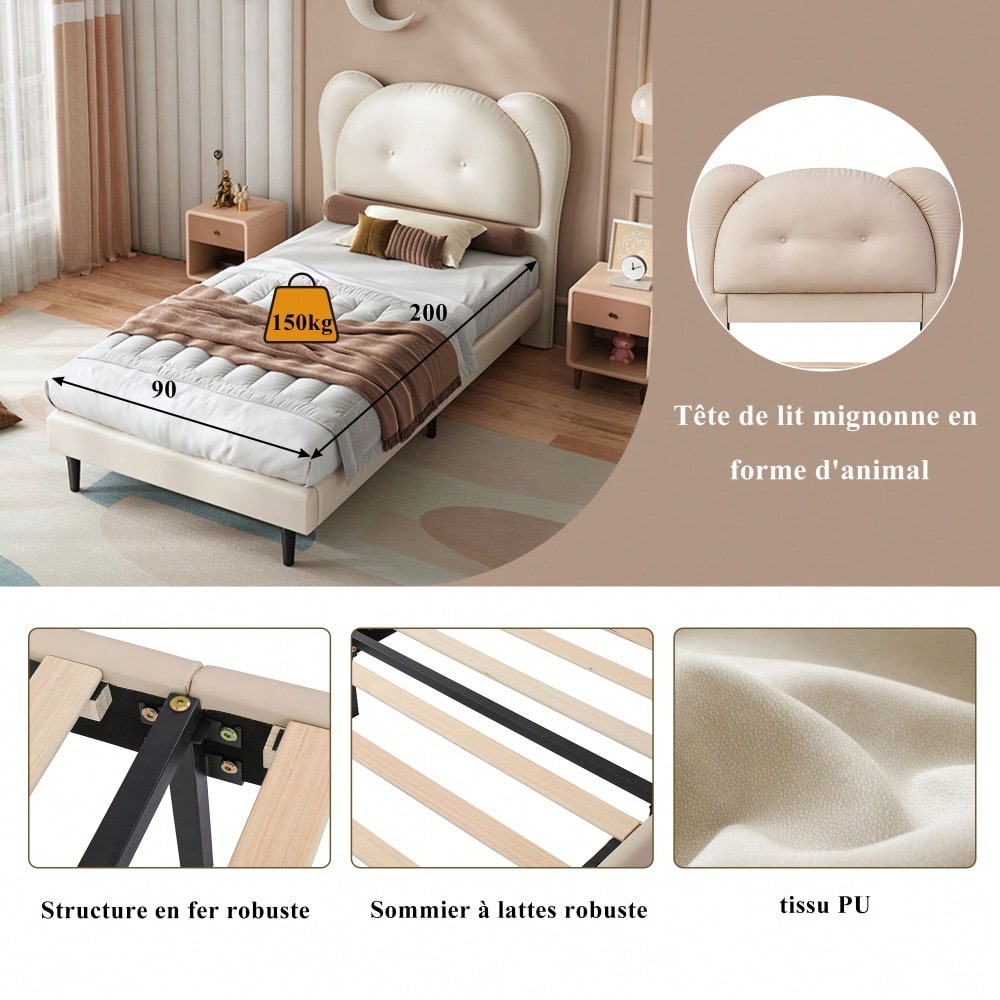 Polsterbett, Einzelbett, Kinderbett, Niedliches Kopfteil in Tierform, Stabile Lattenroste und Eisenrahmenverbindung, PU, Beige, 90x200cm