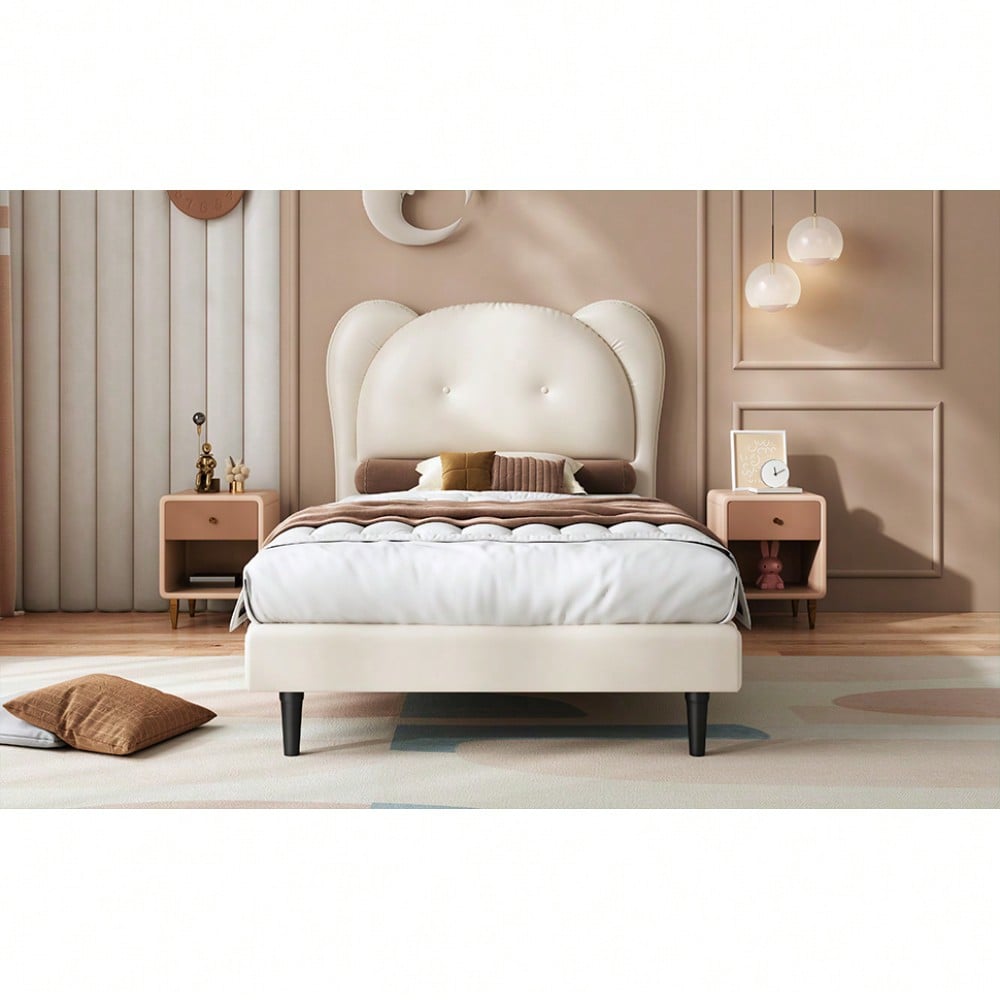 Polsterbett, Einzelbett, Kinderbett, Niedliches Kopfteil in Tierform, Stabile Lattenroste und Eisenrahmenverbindung, PU, Beige, 90x200cm