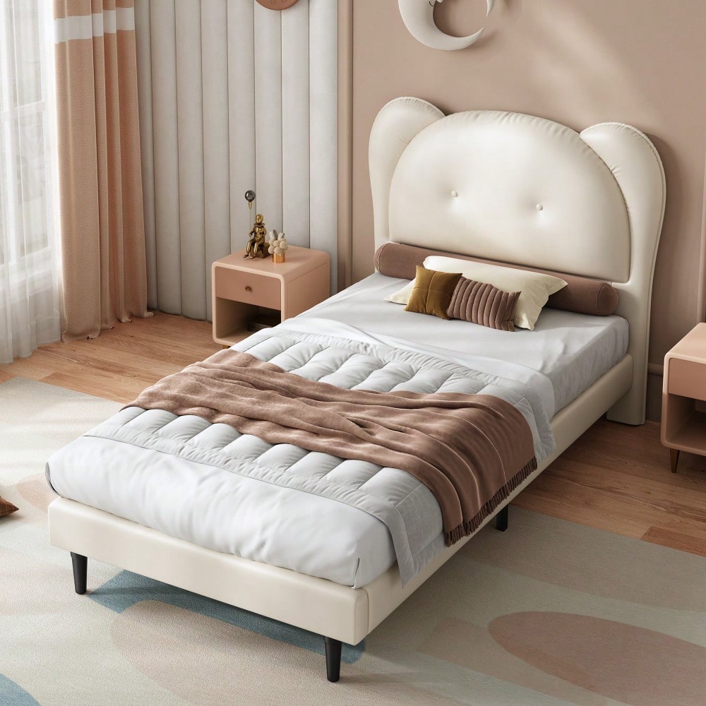 Polsterbett, Einzelbett, Kinderbett, Niedliches Kopfteil in Tierform, Stabile Lattenroste und Eisenrahmenverbindung, PU, Beige, 90x200cm
