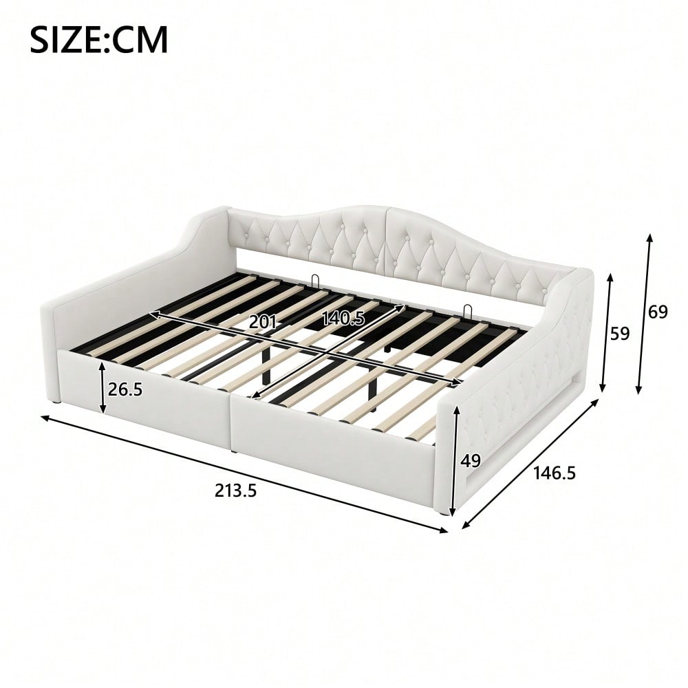 Gepolstertes 140x200 Tagesbett mit LED-Gürtel und Stauraum darunter, Beige