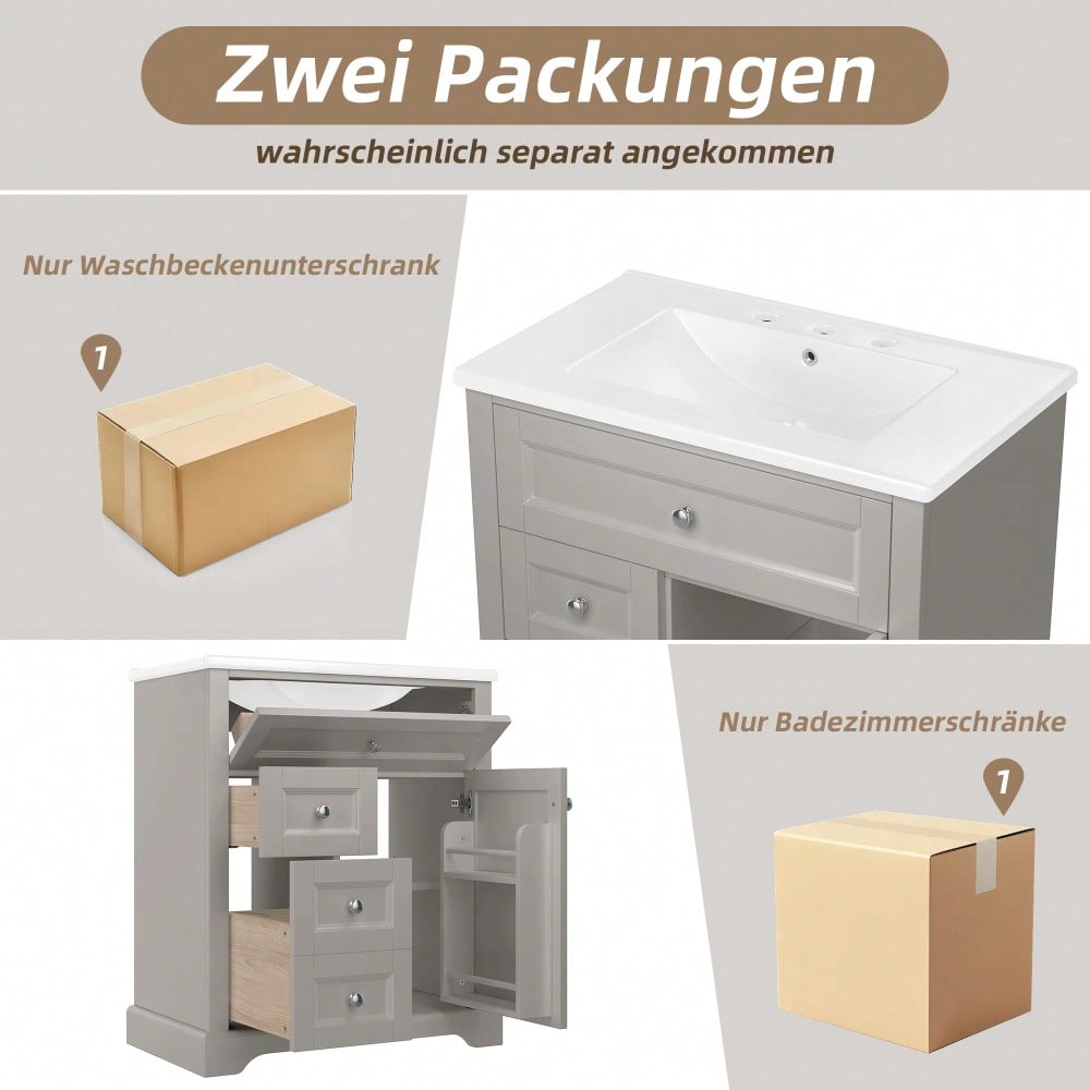 76x46x87cmBodenstehender Badezimmerschrank mit Waschbeck, Waschtisch, feuchtigkeitsbeständig lackiert, Soft-Close-Schubladenführungen, Türregale,ausklappbare Schublade,verstellbare Ablagefläche, grau