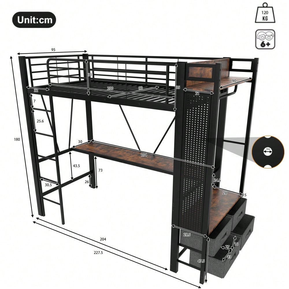 Hochbett, 90 x 200cm, Eisenrahmen Mit Schreibtisch, Mit Trockenstab, Mit Einlegeböden, 4 Schubladen, Mit USB+TYPE-C Steckdose, LED-Leiste, Geländer, Trittleiter, mit Lochbrett, ohne Matratze, schwarz