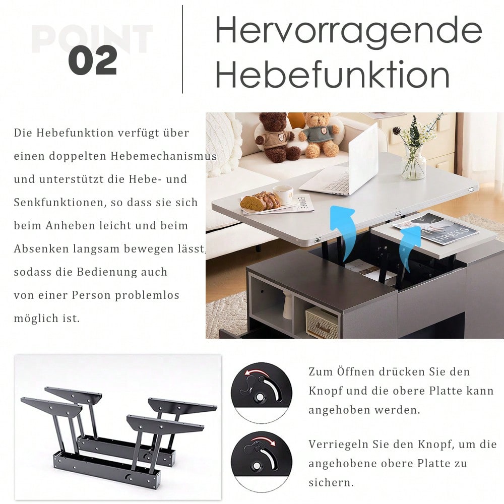 Hebbarer Multifunktions-Couchtisch - Tischplatte öffnet sich zu 2 Tischen, Dunkelgrau + Hellgrau, große Kapazität, moderne Wohnzimmermöbel, Büro Esstisch Beistelltisch Multifunktionstisch