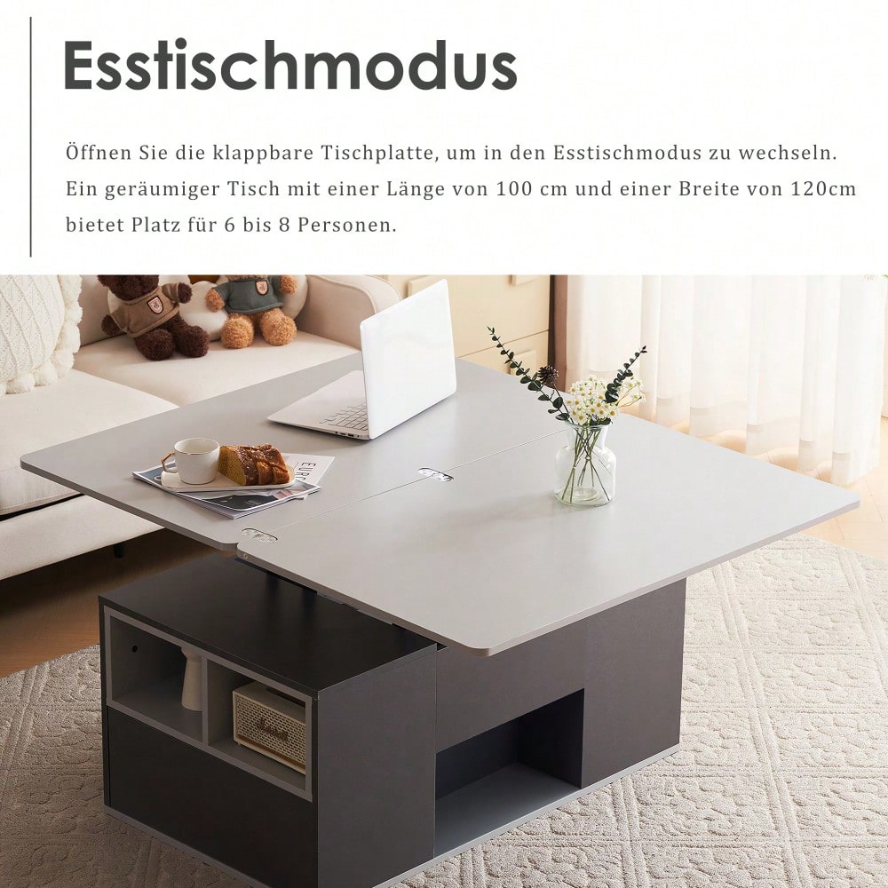 Hebbarer Multifunktions-Couchtisch - Tischplatte öffnet sich zu 2 Tischen, Dunkelgrau + Hellgrau, große Kapazität, moderne Wohnzimmermöbel, Büro Esstisch Beistelltisch Multifunktionstisch