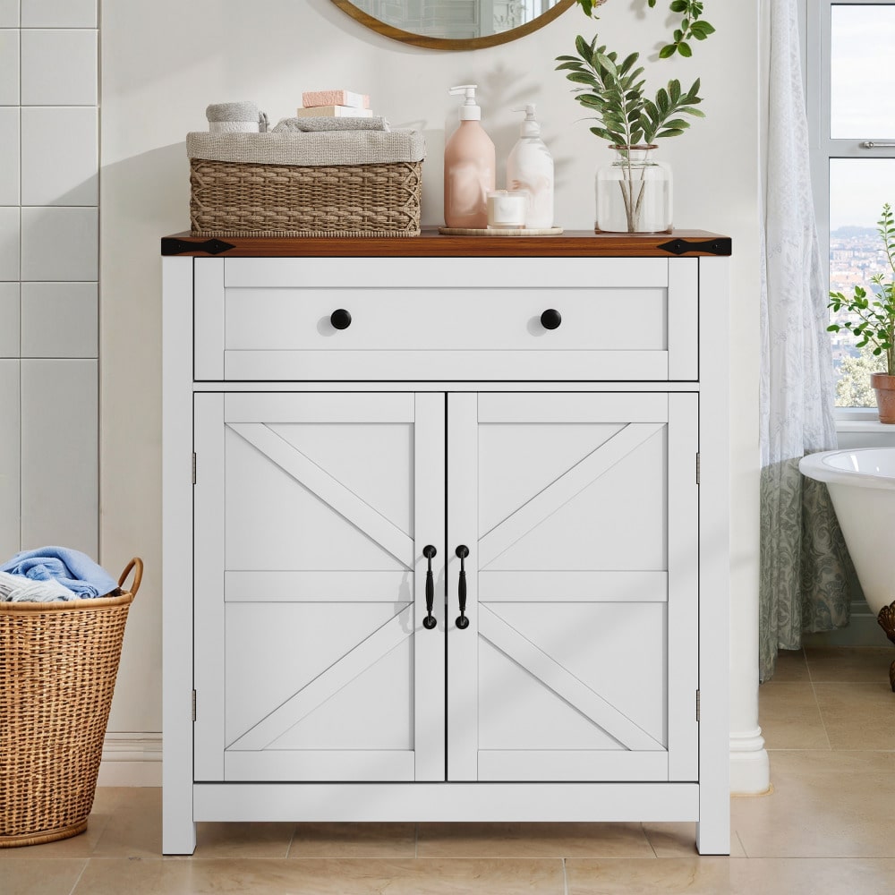 Bauernhaus-Aufbewahrungsschränke mit Schubladen und verstellbaren Regalen, weiße Küchenschränke mit Walnuss-Arbeitsplatten, moderne Kaffeebar-Konsolenschränke für Küche, Esszimmer, Badezimmer, Eingang
