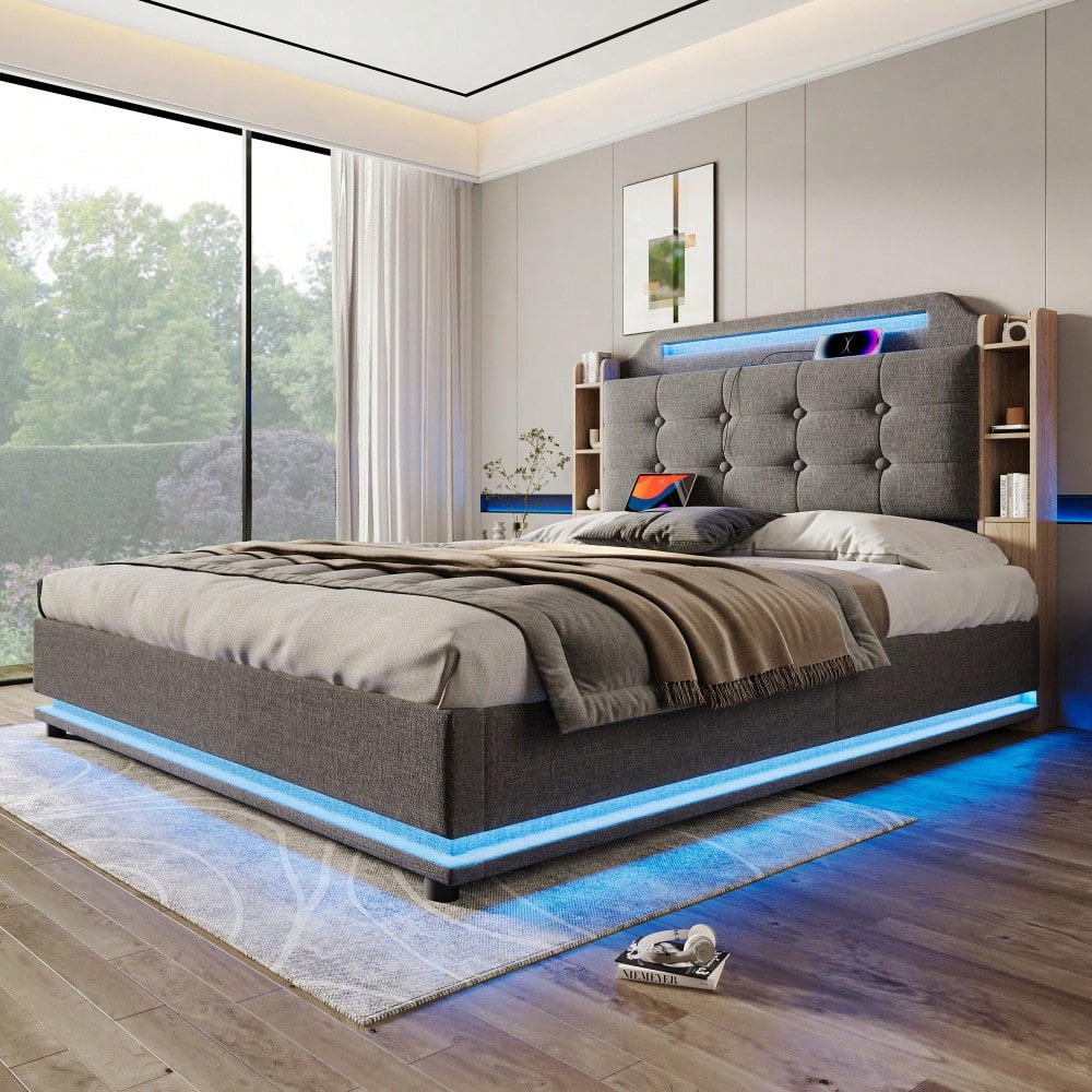 Polsterbett, 140*200cm , Mit LED-Lichtleiste, hydraulischer Stauraum, mehrere Ablagefächer, ohne Matratze, USB + TYPE-C, Leinen, Grau