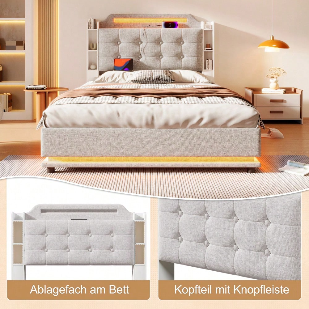 Polsterbett, 140*200cm , Mit LED-Lichtleiste, hydraulischer Stauraum, mehrere Ablagefächer, ohne Matratze, USB + TYPE-C, Leinen, Beige