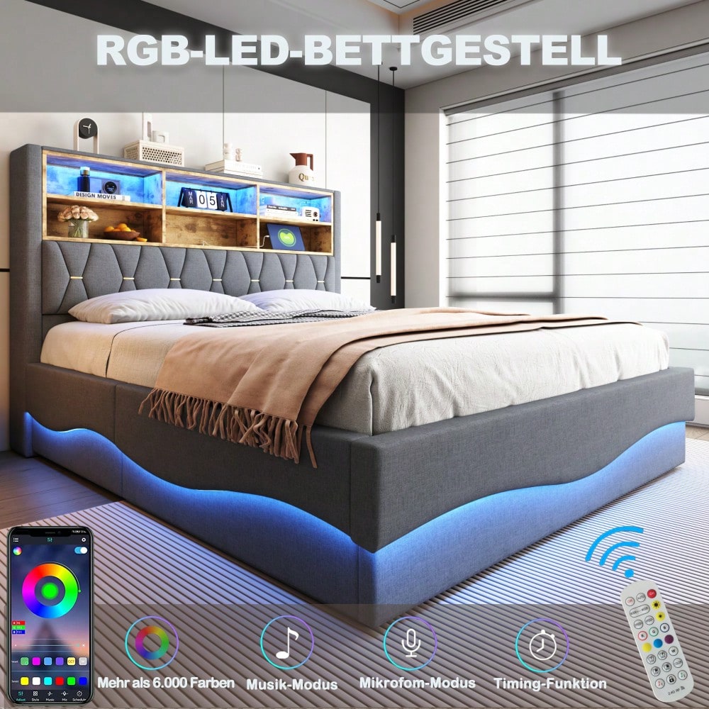 Polsterbett 180×200 mit hydraulischem Stauraum APP-gesteuertes LED-Lichtband USB-Ladeanschluss Metall-Lattenrost Leinenpolsterung Grau.