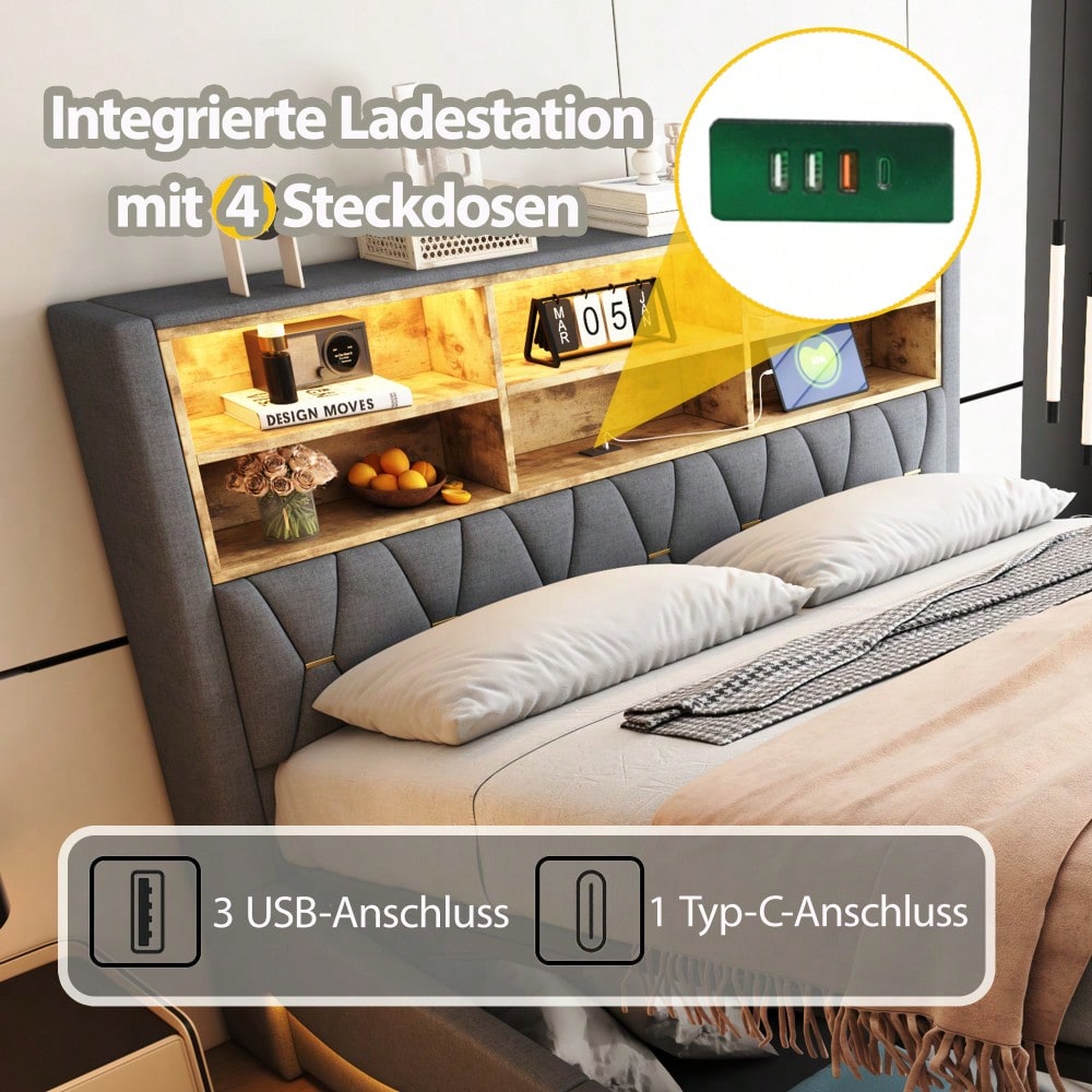 Polsterbett 180×200 mit hydraulischem Stauraum APP-gesteuertes LED-Lichtband USB-Ladeanschluss Metall-Lattenrost Leinenpolsterung Grau.