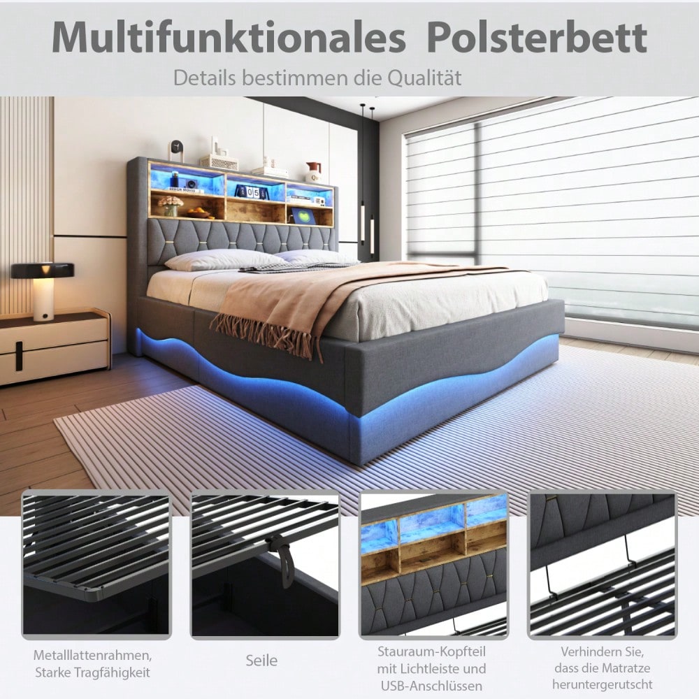 Polsterbett 180×200 mit hydraulischem Stauraum APP-gesteuertes LED-Lichtband USB-Ladeanschluss Metall-Lattenrost Leinenpolsterung Grau.
