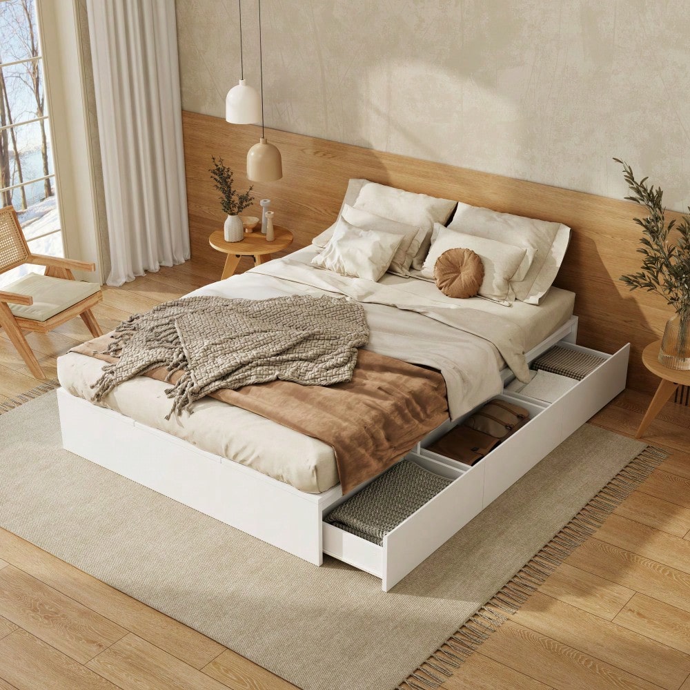 Stauraumbett 140 x 200 cm,Palettenbett, Doppelbett, Funktionsbett, Massivholzbett, mit Stauraumbox unter dem Bett, mit Schubladen, mit Stauraum, ohne Matratze, weiß