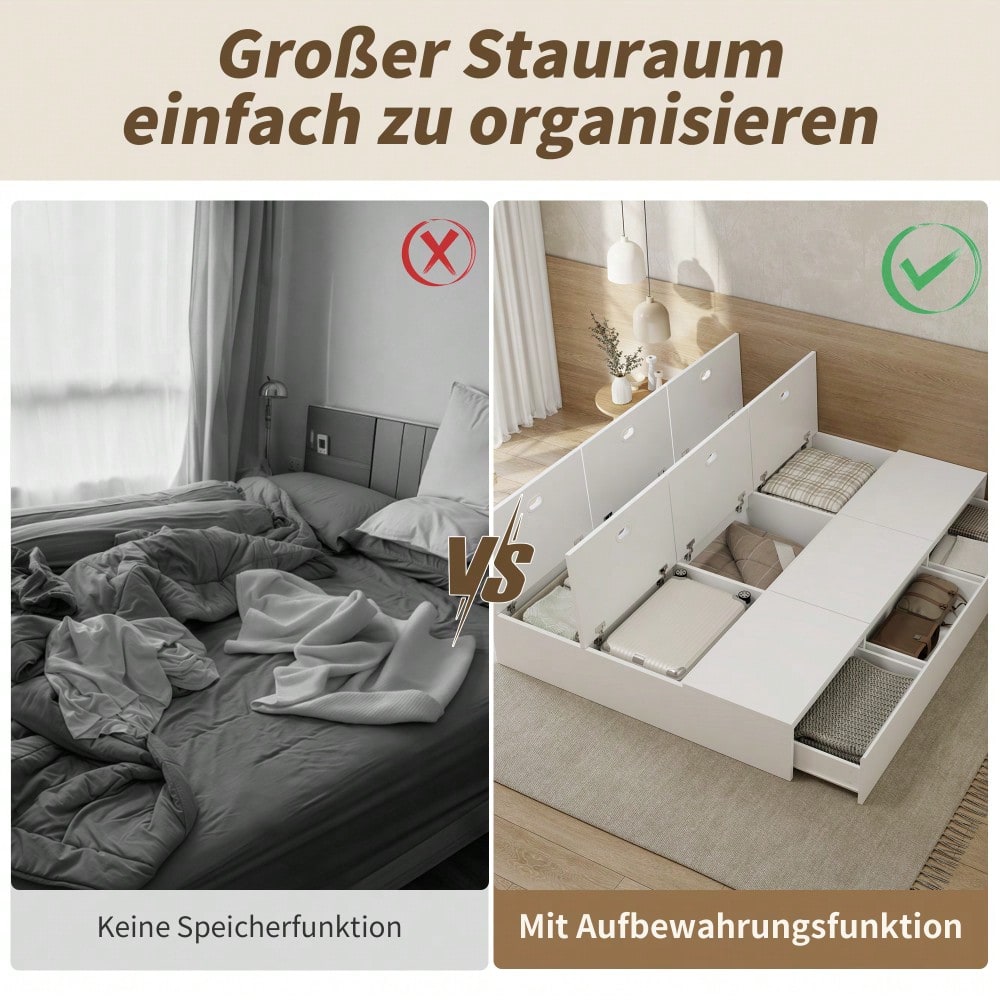 Stauraumbett 140 x 200 cm,Palettenbett, Doppelbett, Funktionsbett, Massivholzbett, mit Stauraumbox unter dem Bett, mit Schubladen, mit Stauraum, ohne Matratze, weiß