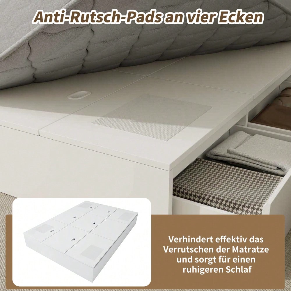 Stauraumbett 140 x 200 cm,Palettenbett, Doppelbett, Funktionsbett, Massivholzbett, mit Stauraumbox unter dem Bett, mit Schubladen, mit Stauraum, ohne Matratze, weiß