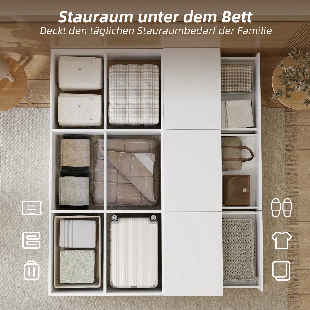 Stauraumbett 140 x 200 cm,Palettenbett, Doppelbett, Funktionsbett, Massivholzbett, mit Stauraumbox unter dem Bett, mit Schubladen, mit Stauraum, ohne Matratze, weiß